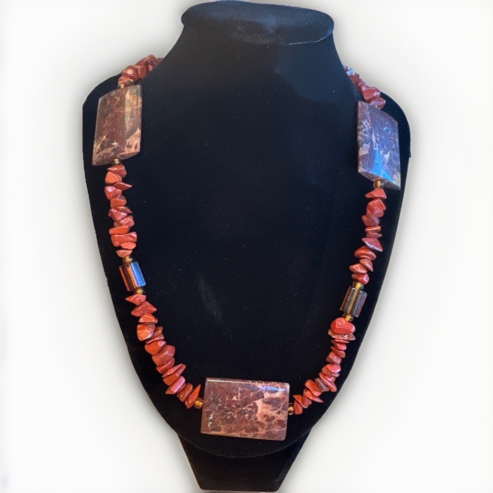 Handcrafted Red Jasper Chip Statement Necklace Polished Rectangle Slabs Boho